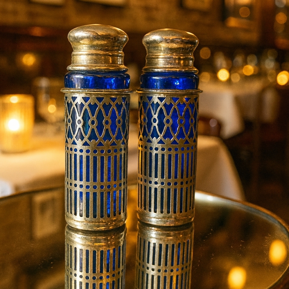 Vintage 70s Cartier Travel Blue and Silver Salt and Pepper Shakers